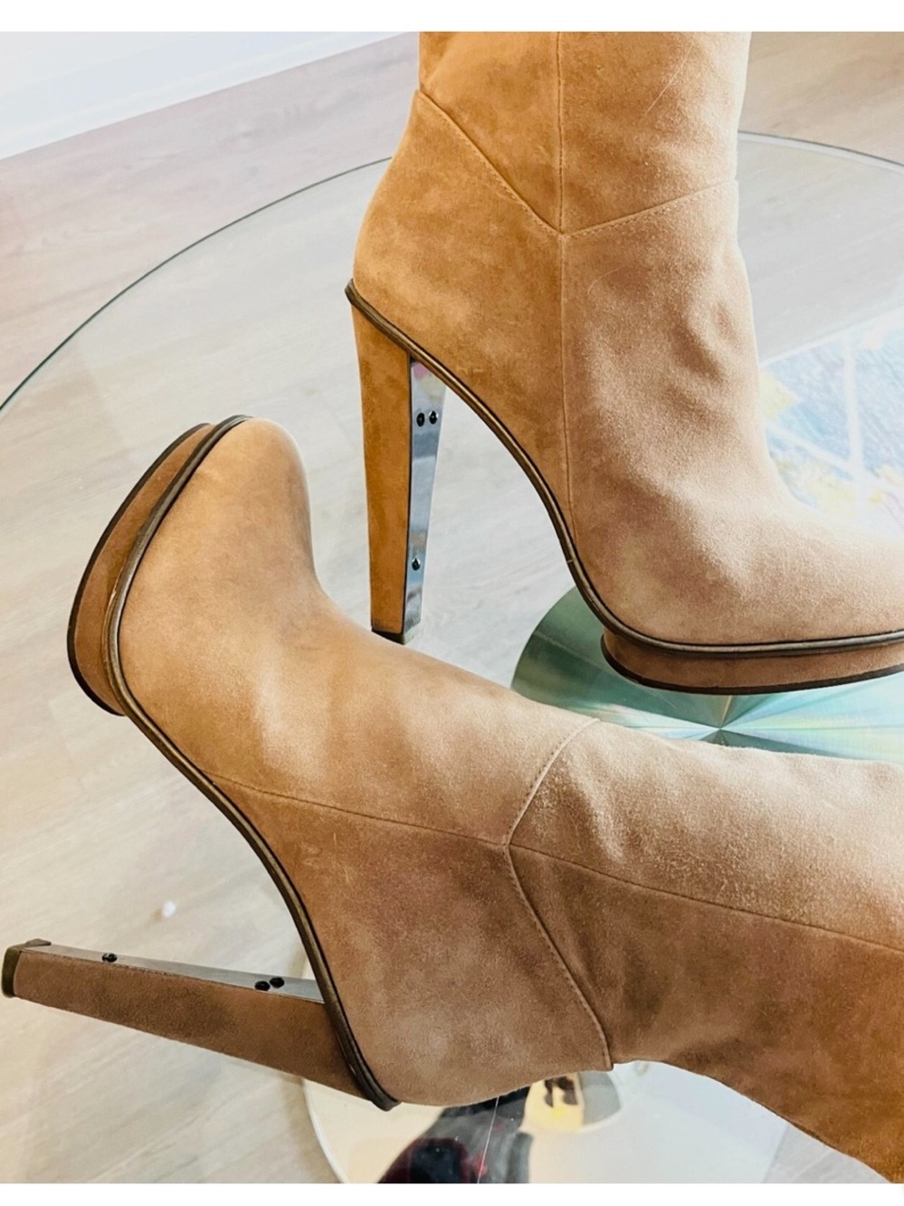 BCBG Neptune Knee-High Suede Platform Heel Boots - Taupe - Picture 3 of 11